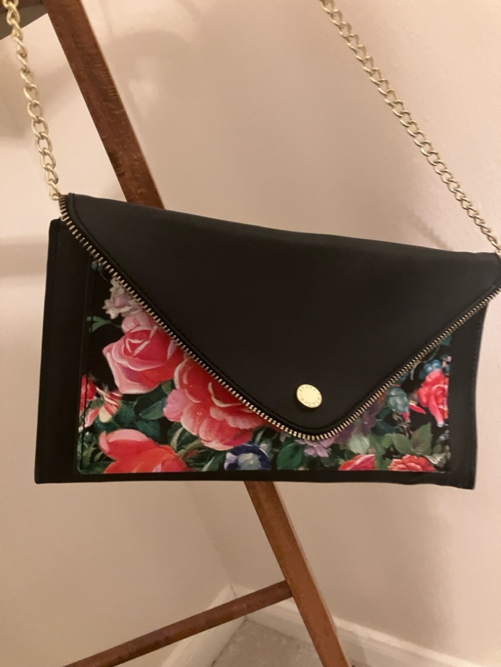 Black Floral Envelope Crossbody Bag with Gold Chain